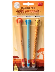 Set Of 3 Erasable Gel Pens - Wild SavannaH- Lion + Elephant + Giraffe